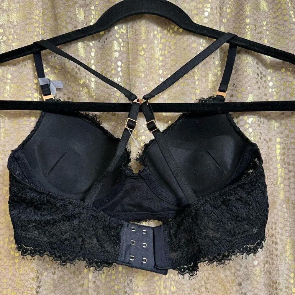 Aerie True Black Show Off Eyelash Lace Plunge Push Up Bra 32B NWT